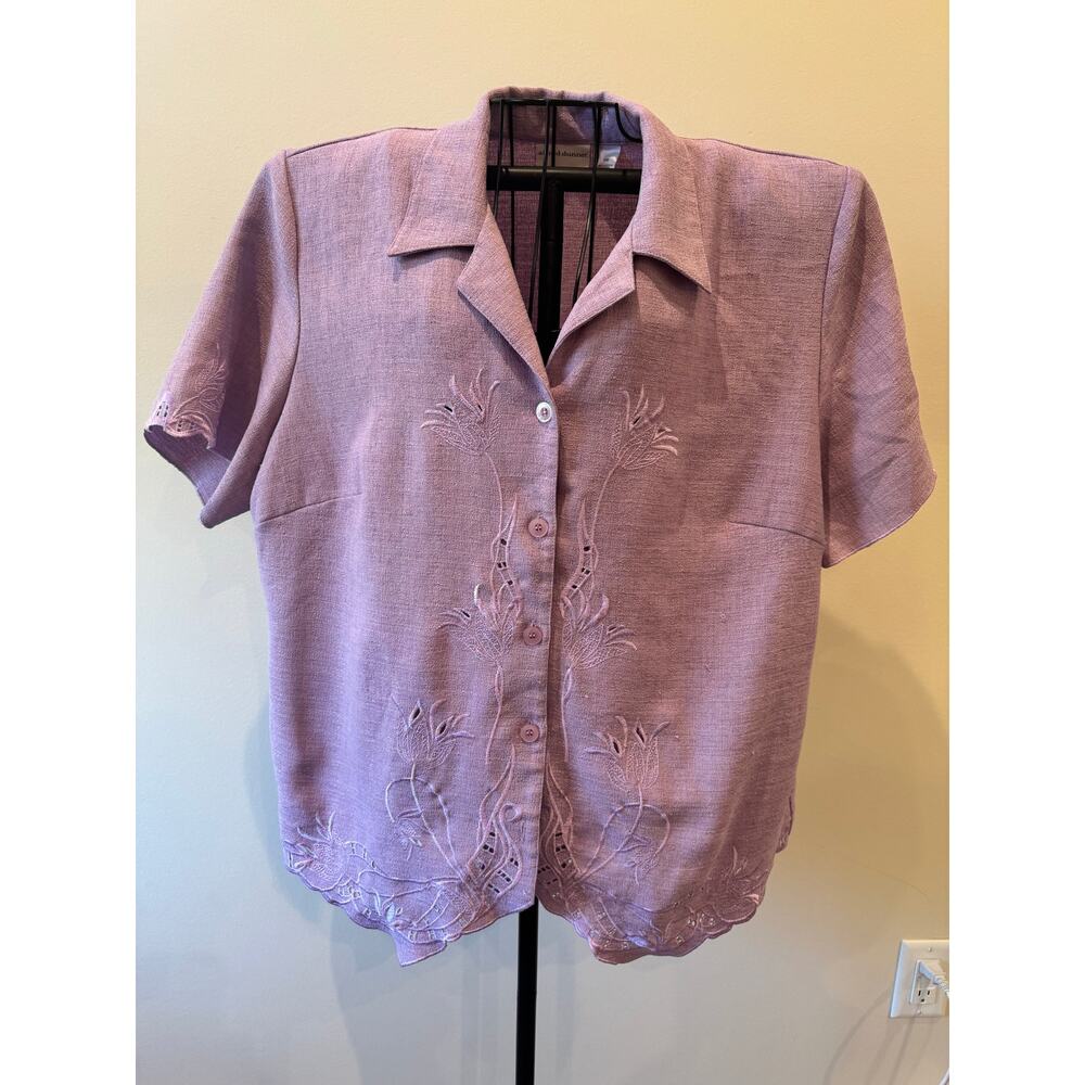 Alfred Dunner Purple Embroidered Button Front Blouse 18W Scalloped Hem